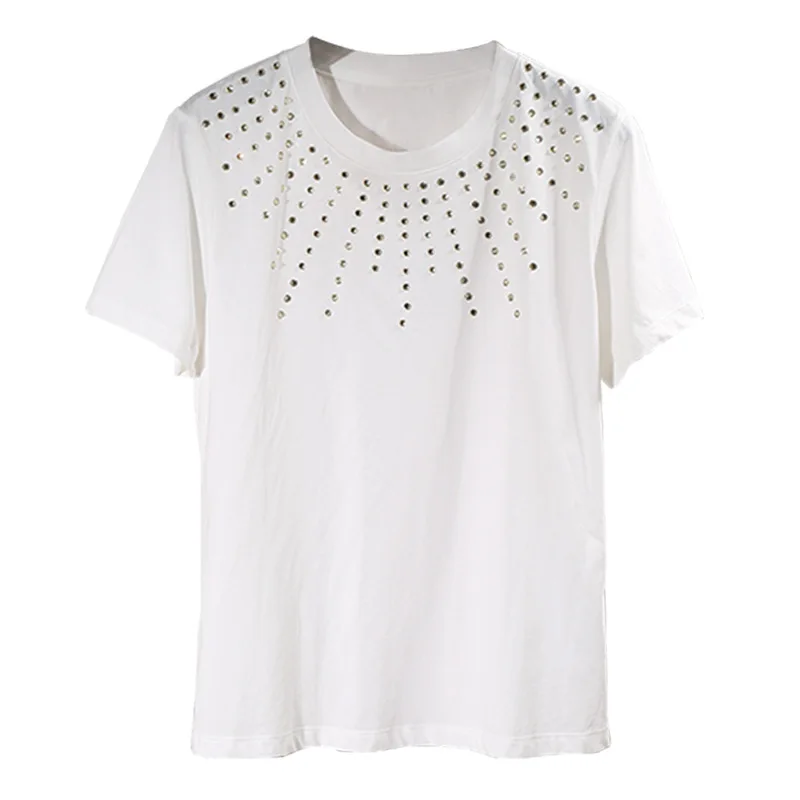 

Gezelligheid 2021 Summer New Fashion French Simple Casual Party Temperament Hot Diamond Loose O Neck White Cotton T-Shirt Tops