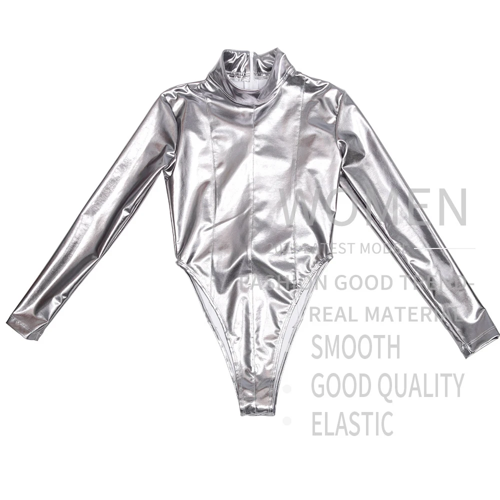 Боди с серебряным покрытием из искусственной кожи длинным рукавом высоким