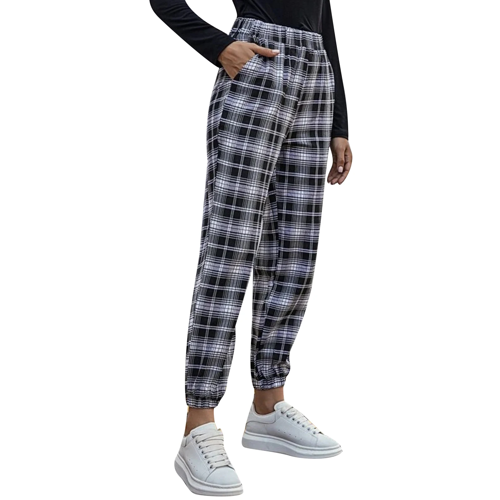 

Newest Women Casual Plaid Pants Tartan High Waist Joggers Elastic Waist Color Block Ankle Length Sweatpants Sport Long Pants