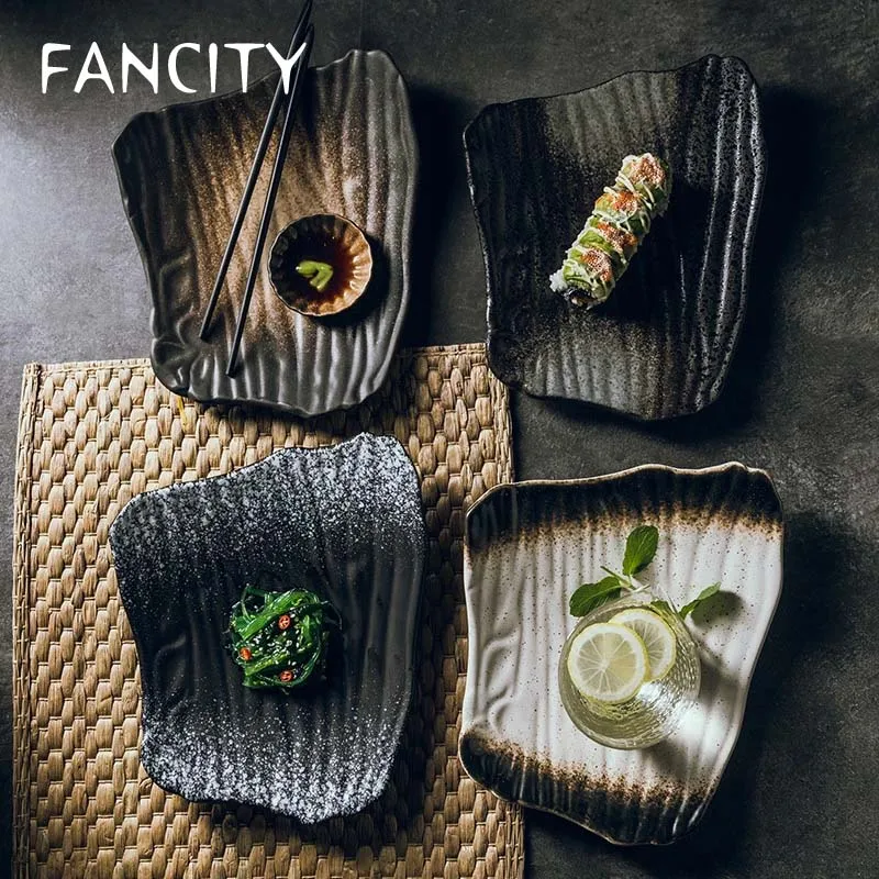 

FANCITY 1PCS 10-inch creative ceramic sushi plate Japanese-style irregular flat plate Black breakfast plate Home-cooked dish sn