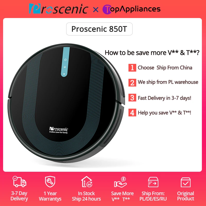 Робот пылесос Proscenic 850T для дома Мощное всасывание 3000 па 2600 мАч емкость воды 300 мл