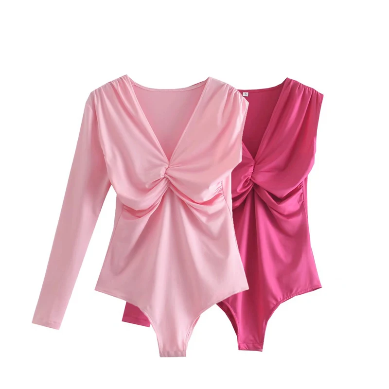 

Женские осенние боди на одно плечо LD Helly, модные плиссированные боди с V-образным вырезом и длинным рукавом, женские комбинезоны, женские топ...