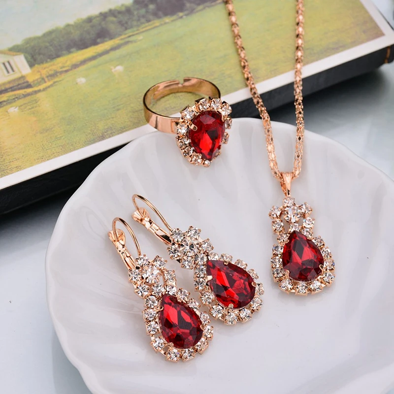 

2021 Women PendantWater Drop White Blue Red Purple Black Rhinestones Jewelry Sets For NecklacEarringsRings