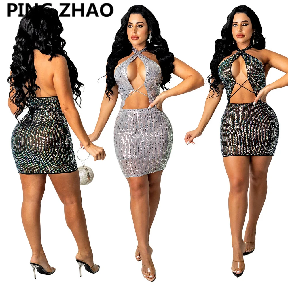 

PING ZHAO Women Sequins Halter Neck Backless Sleeveless Midi Mini Dress Sexy Night Party Bodycon Pencil Dresses