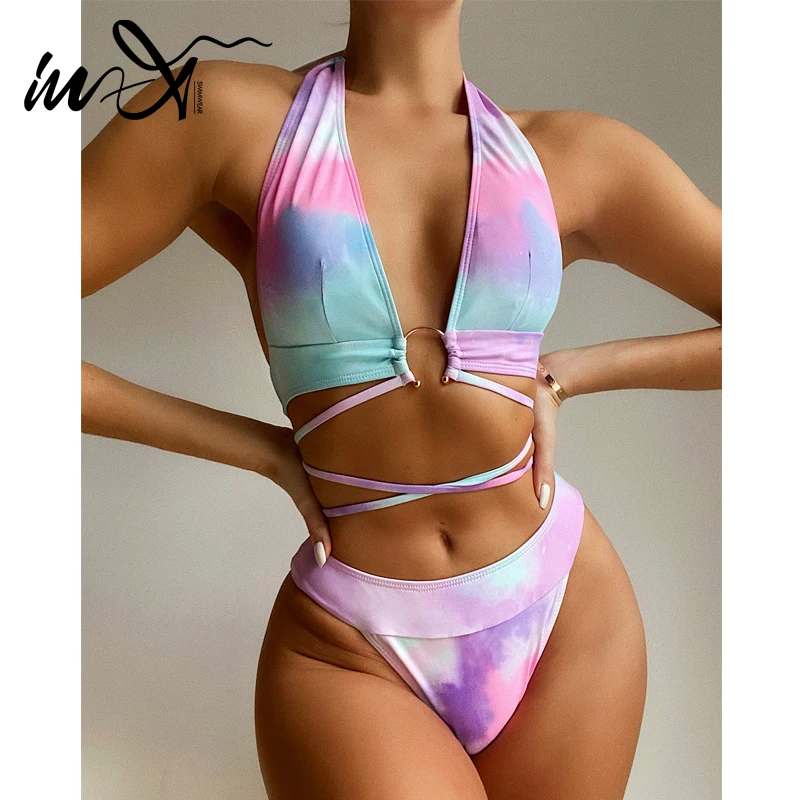 

In-X Tie dye bikini 2021 Halter swimsuit women's swimming suit Bandage swimwear women Ring bathing suit Sexy biquini swim suit