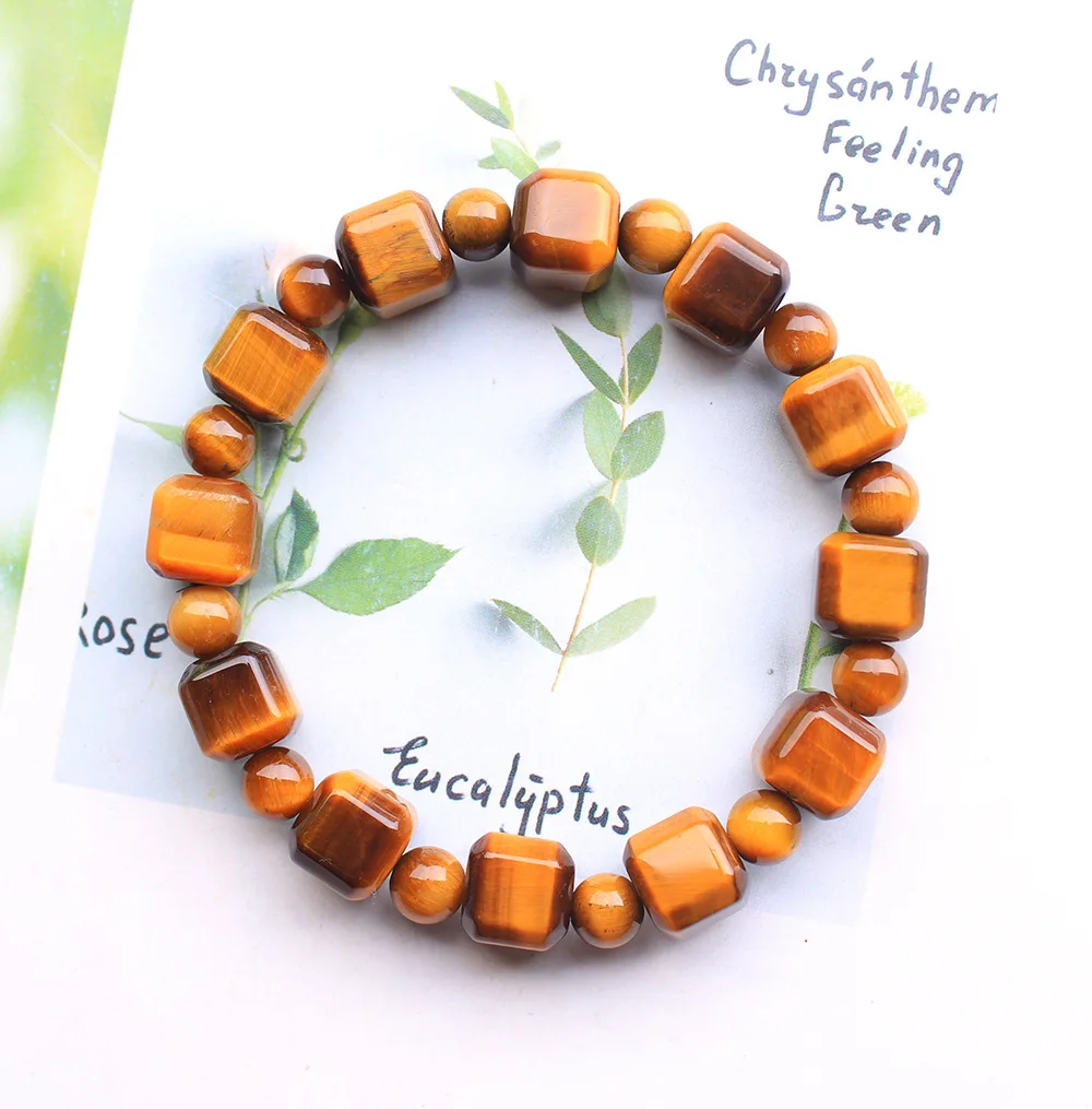 

Natural Yellow Tiger Eye Stone Sugar Cube Beads DIY Bracelet Healing Power Stone Jewelry Elastic Bracelet for Men and Women