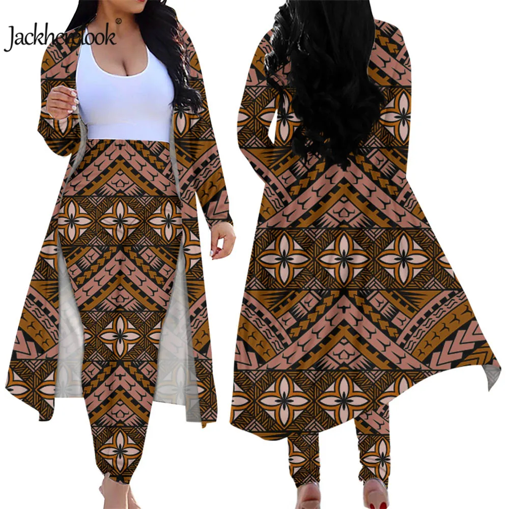 

Jackherelook Women 2 Piece Vintage Outfits Samoan Polynesian Print Cardigan Trench Coat Skinny Long Pants high waist Legging