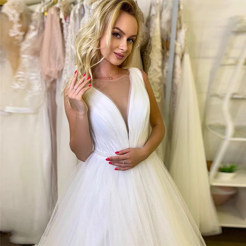 MoonlightShadow Simple Wedding Dresses A-Line O-Neck Sleeveless Fluffy Shining Tulle Lace Up Bridal Gowns Vestido De Novia