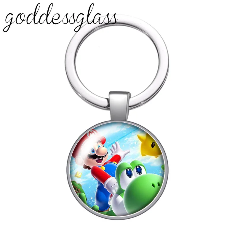 

Game Super Mario Anime Round glass cabochon keychain Bag Car key chain Ring Holder Charms keychains for gift