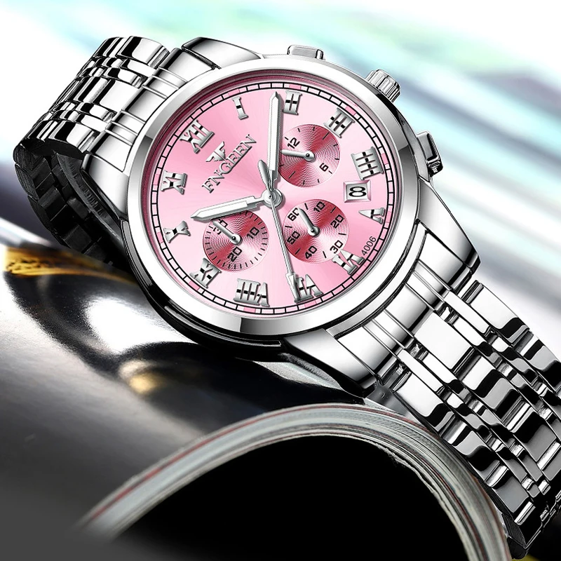 FNGEEN Women Watches Top Brand Luxury Women Dress Watch Stainless Steel Pink Quartz Wristwatches Waterproof Luminous Hands