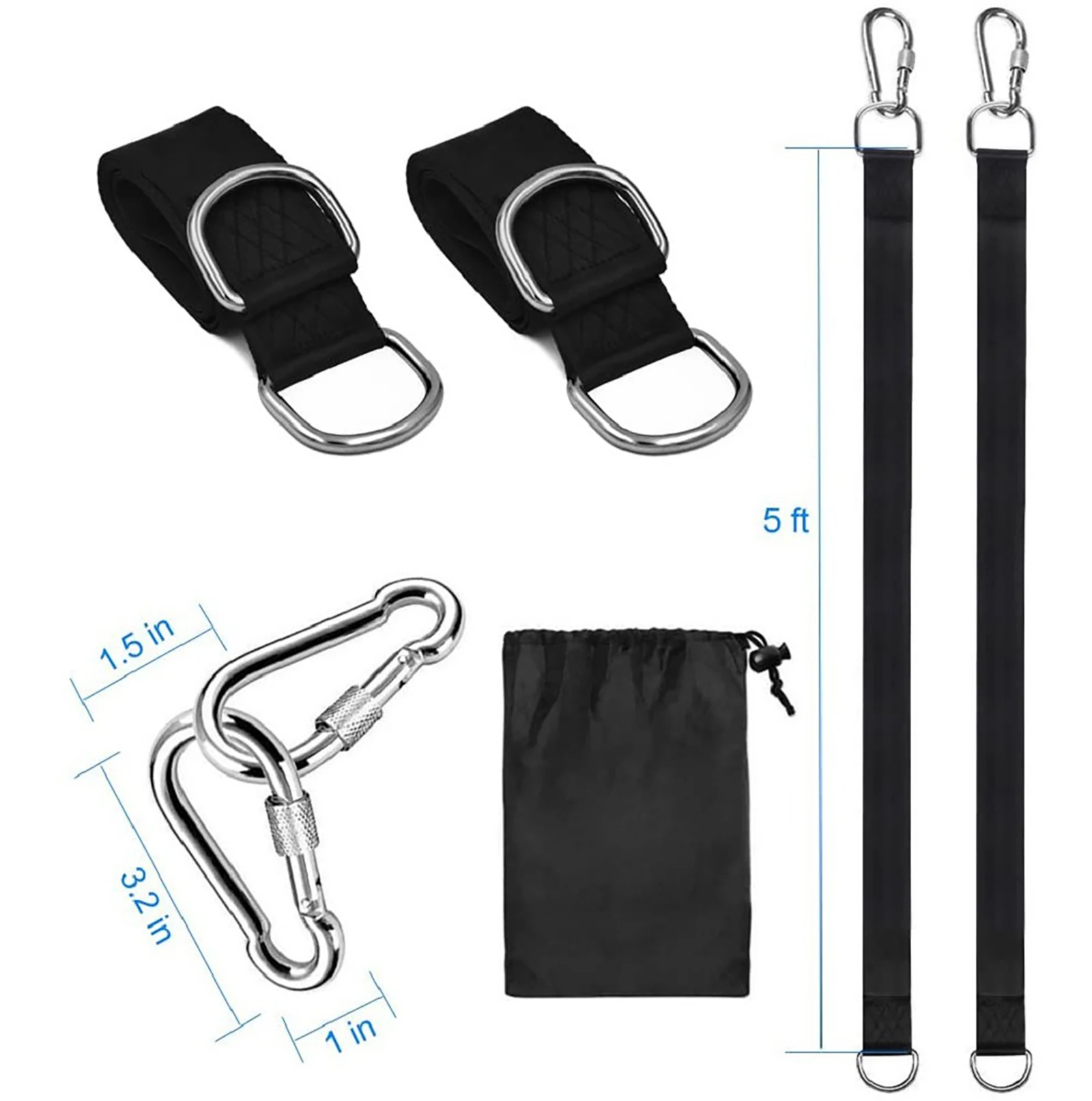 

1Pair Outdoor Swing Hammock Straps Set High Loading Capacity With Carabiners Storage Bags For Garden Tree Camping-Black