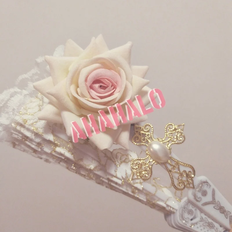 

Handmade Hand-Held Fans Lolita Maid Cosplay Gothic Harajuku Style Rose Lace Folding Fan Court Dance Hand Fan Customizable Color