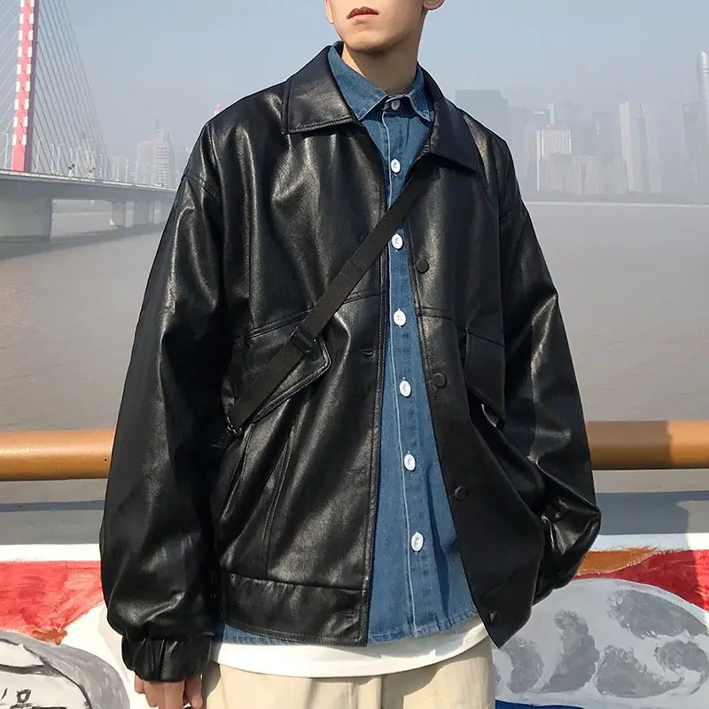 

Vintage Hong Kong style jacket men's spring autumn unisex handsome retro motorcycle jacket leather PU techwear tactical coats