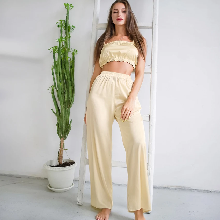 

Пижамный комплект Hiloc женский с высокой талией, свободные брюки с рюшами, атласная ночная рубашка без рукавов, одежда для отдыха