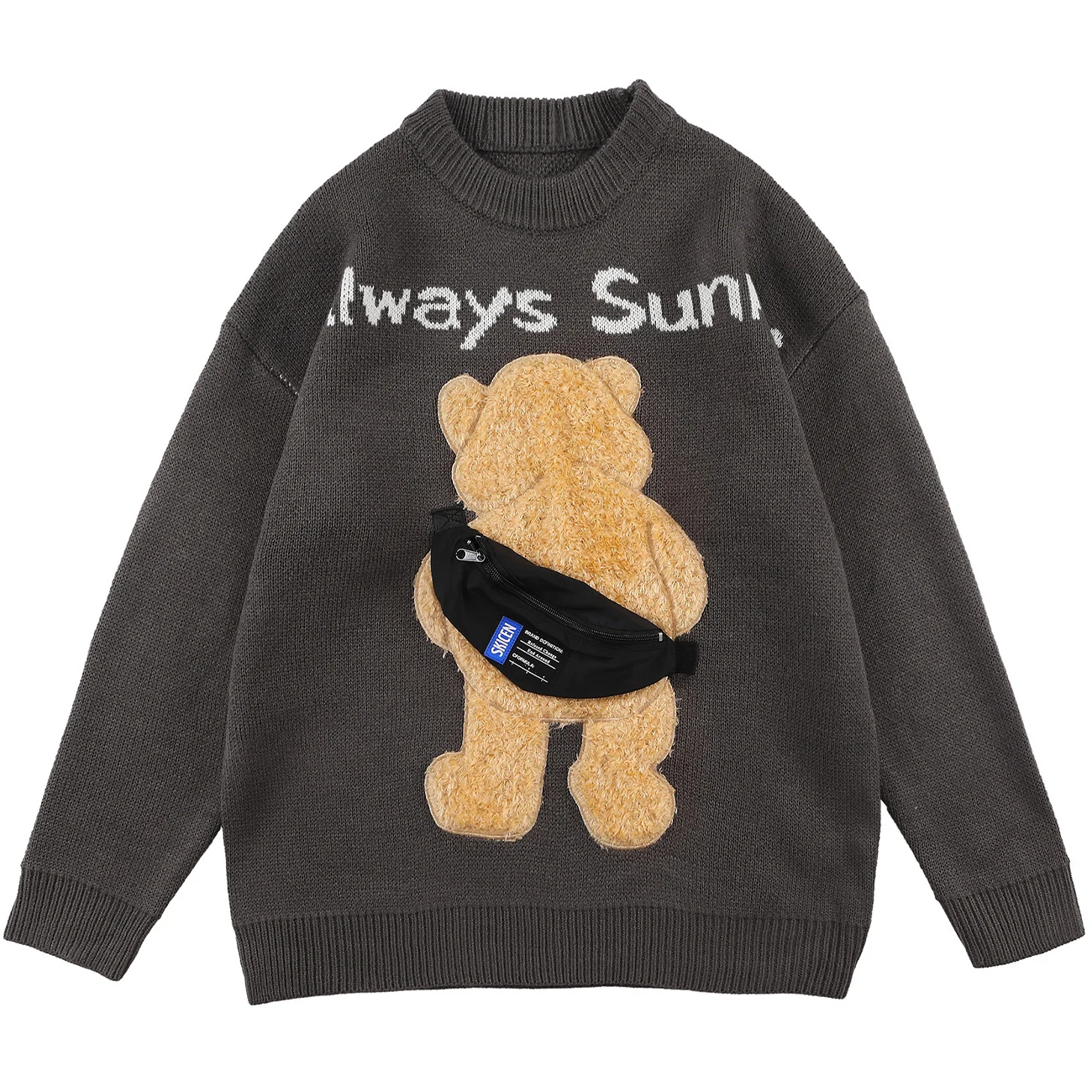 

Autumn Fashion Casual Sweater Men Harajuku Streetwear Furry Cartoon Bear Zipper Bag Pullover Sweater Cotton Loose Tops