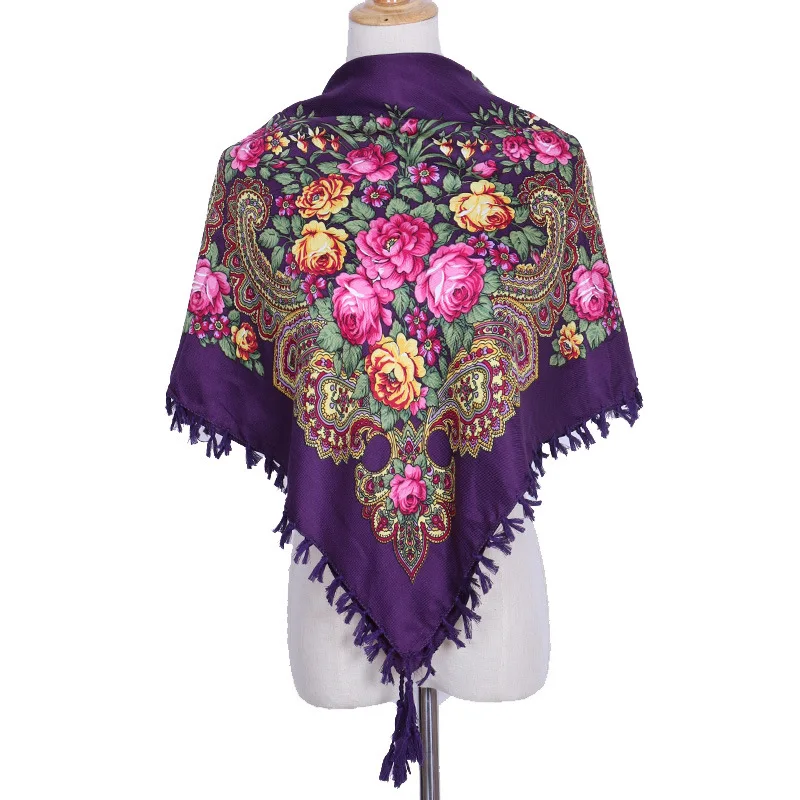 

90*90cm Women Russian National Scarf Retro Style Cotton Print Shawl Bandana Ladies Fringed Square Blanket Scarves Hijab Wraps