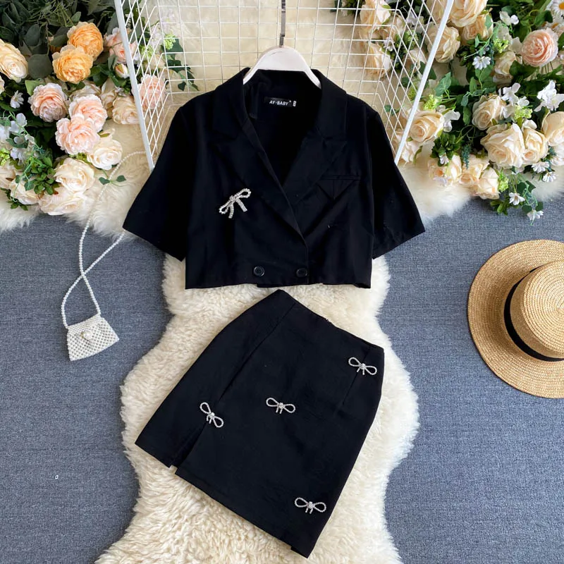 

Women 2pcs Set Vintage Beading Bow Turn-down Collar Short Sleeve Loose Tops + High Waist Bodycon Skirt Black Sets Female 2020