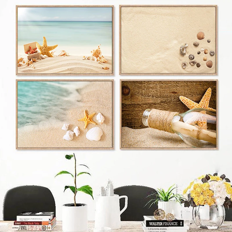 Холст печати плакат в виде Ракушки Морская звезда Дрифт бутылка стены искусства