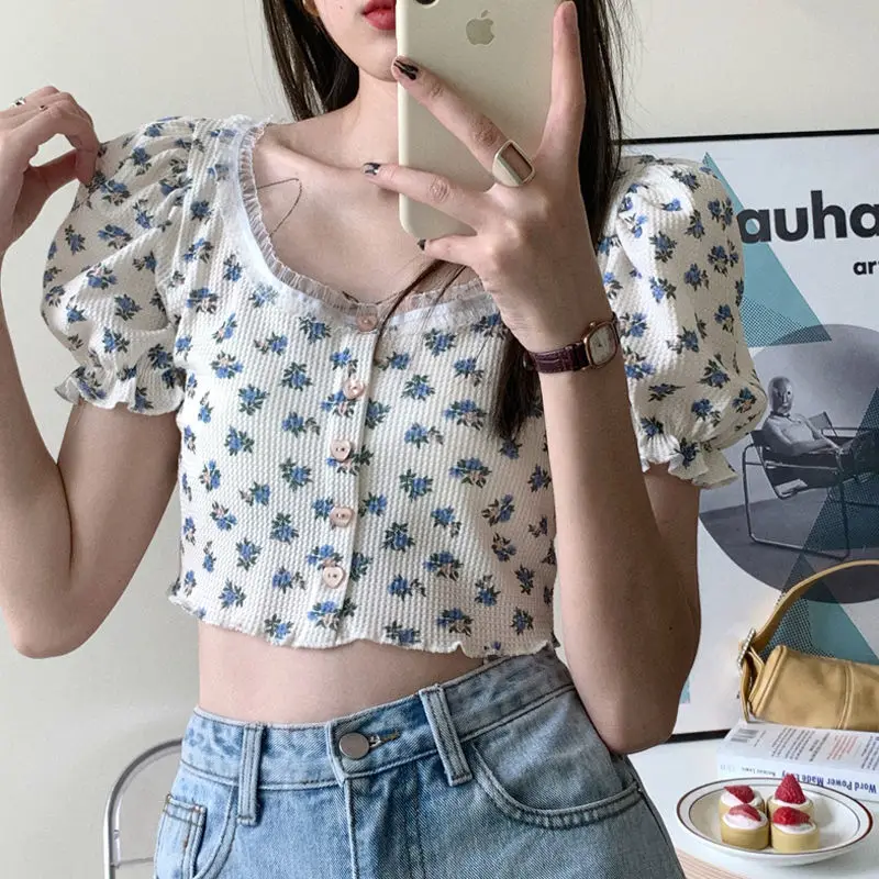 

French garden lace edge summer top short open navel design bubble sleeve floral retro short sleeve T-shirt girl