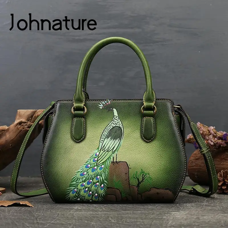 Johnature Retro Hand Painted Peacock Genuine Leather Women Bag 2022 New Luxury Handbag Real Cowhide Versatile Shoulder Bags
