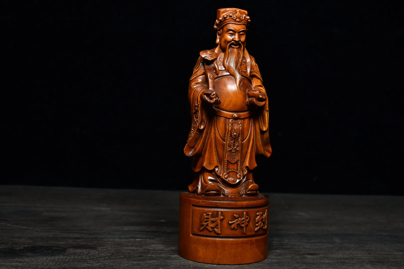 

8" China Lucky Seikos Boxwood God of Wealth Statue Ruyi God of Wealth Take ingot Implication Lucky fortune The god of wealth
