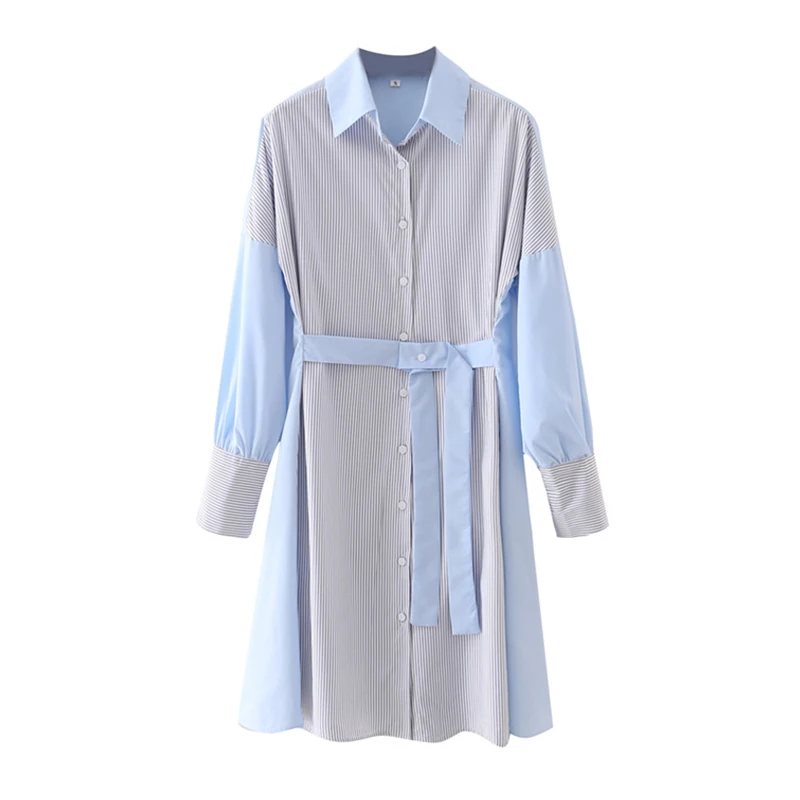 

YENKEY Vintage Patchwork Striped Dress Women Lapel Collar Long Sleeve With Belt Casual Dress Female Summer Plus Size Vestido