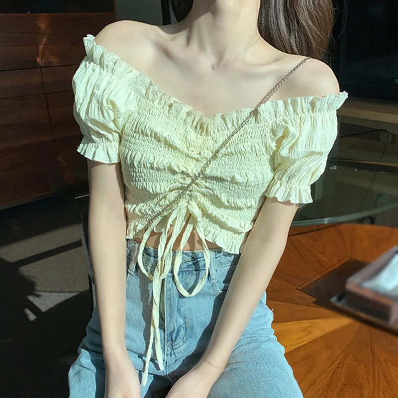

Women's Solid Slash Neck Shirts Summer Sweet Sexy Exposed Navel Short Sleeve Blouses Tops 2021 '