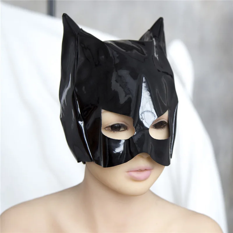 

Adult Game Women Fetish Patent Leather Mistress Cat Hood Half Face Mask Masquerade Sex Bondage Costume BDSM