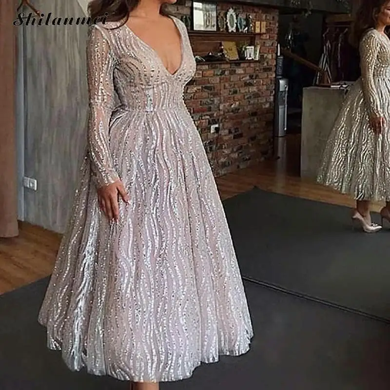 Серебряное блестящее вечернее платье для женщин с глубоким v образным вырезом