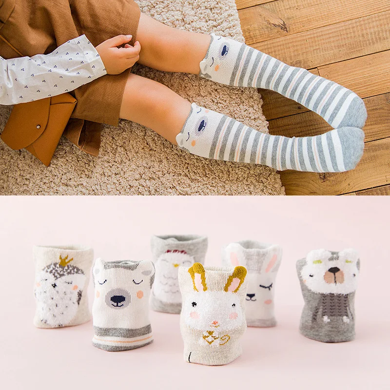 

Детские весенне-осенние длинные носки, хлопковые носки до колен с мультяшным рисунком для девочек и мальчиков, полосатые носки, детские акс...