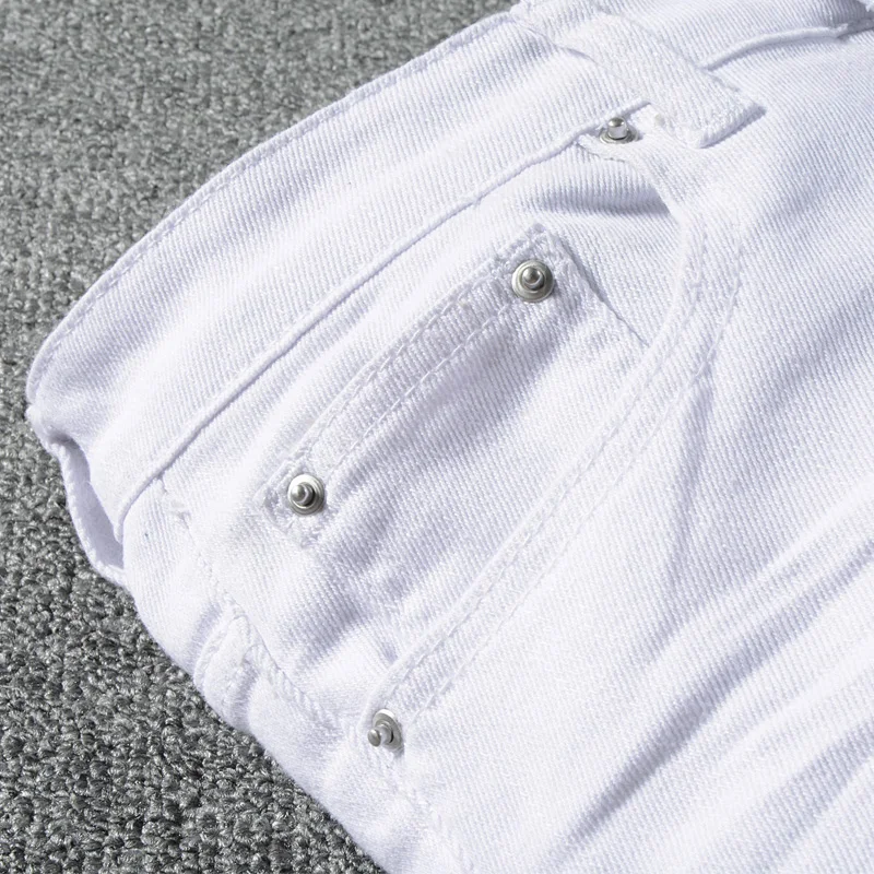 

Fashion Streetwear Men Jeans White Color Slim Fit Destroyed Ripped Jeans Men Patchwork Designer Elastic Hip Hop Jeans Pants