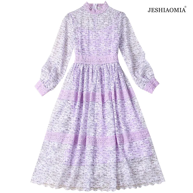 

JESHIAOMIA- 2021 Autumn Ruched Collar Pearl Beaded Lace Tiered Dress