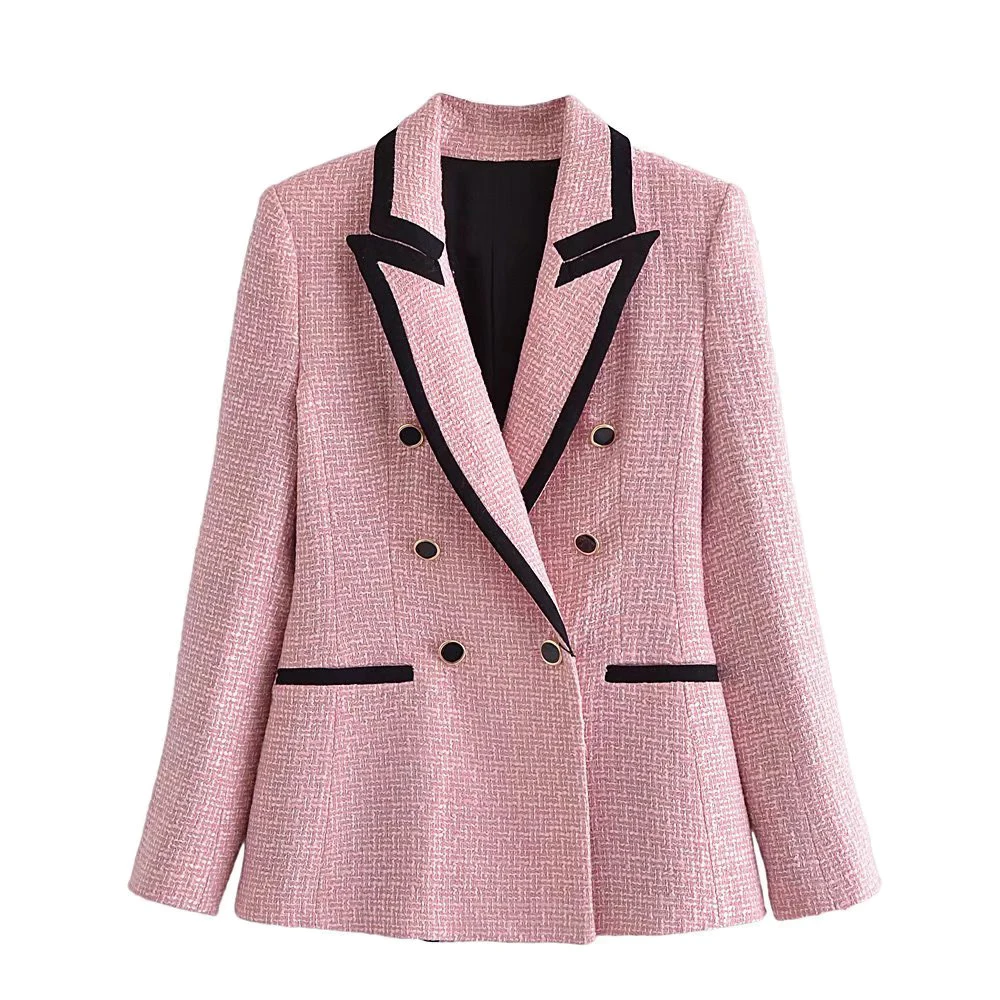 

Women's Office Suit Fashion With Contrast Piping Tweed Blazer Outfit Coat Vintage Long Sleeve Female Outerwear Chic Veste TRA