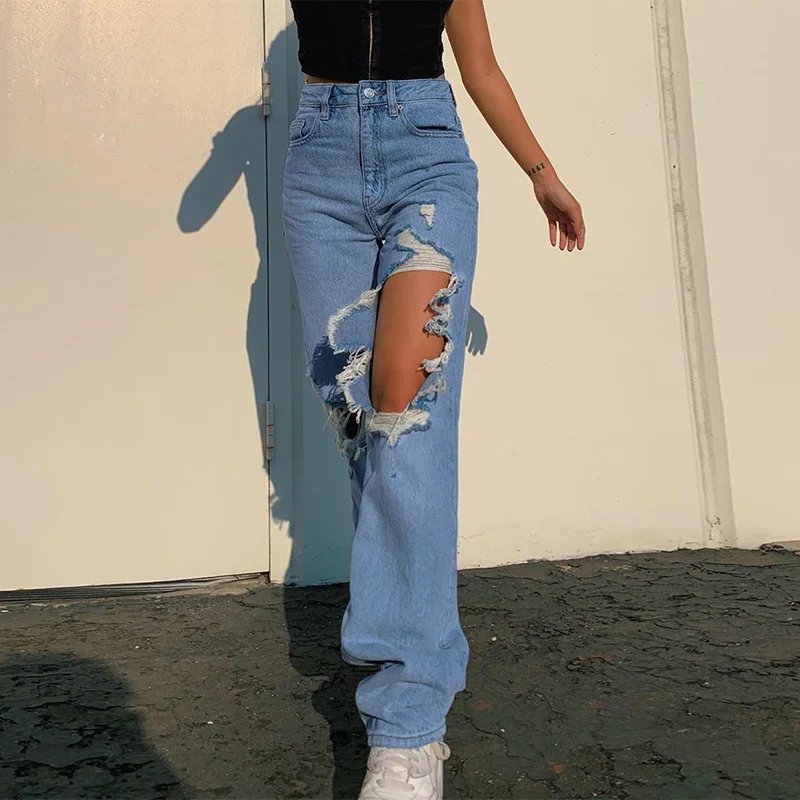 

Ripped Straight Women's jeans Baggy Vintage High Waist Boyfriends y2k Denim Distressed Streetwear 2021 Female