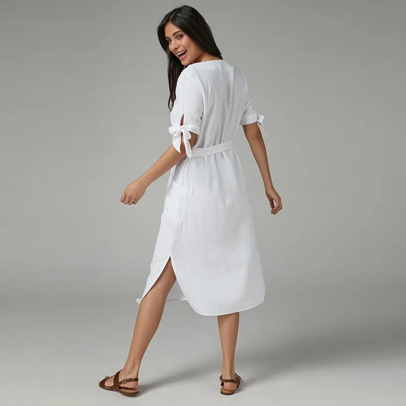 New Multi-Button Design Seaside Resort Beach Dress V-Neck Cotton Female Solid Swimwear Cardigan Bikini Cover Up Mid Dresses