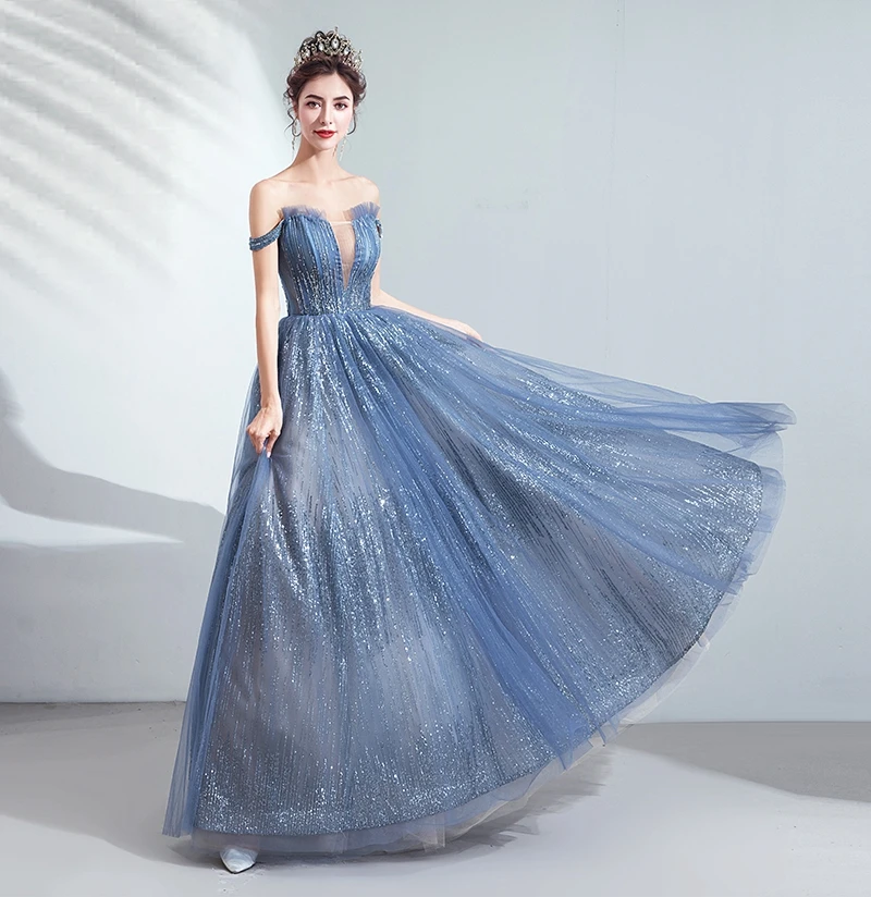 Синие Блестящие платья с блестками для выпускного вечера открытыми плечами Тюль