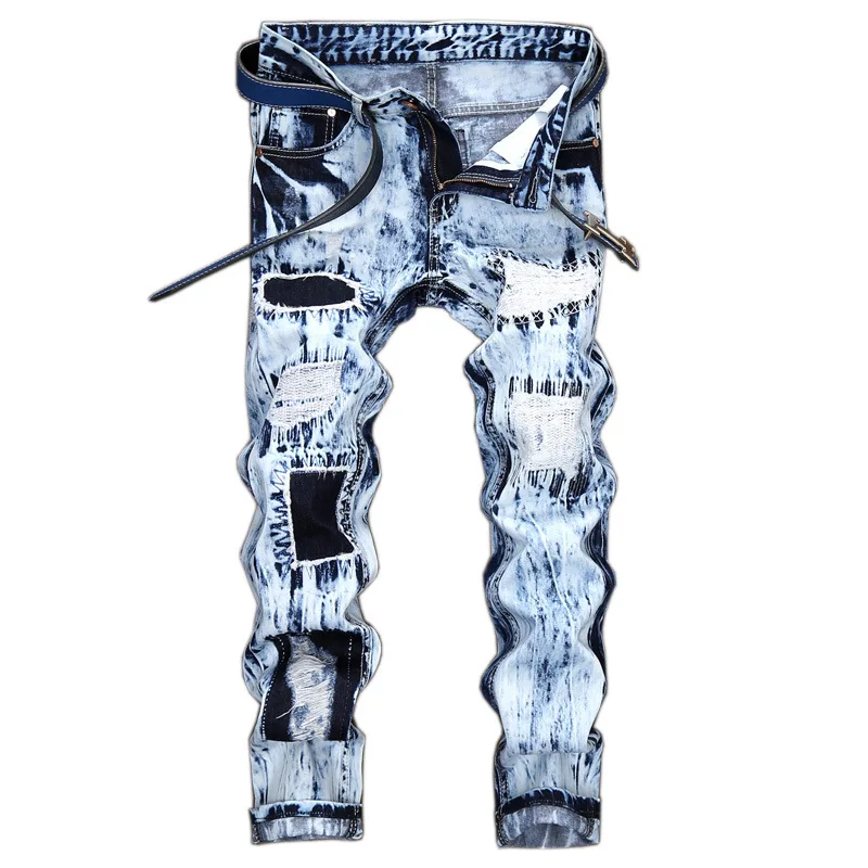 

Male Novelty Embroidered Hole Jean Trousers Fashion Light Blue Mens Ripped Jeans Pants Slim Fit Distressed Hip Hop Denim Joggers