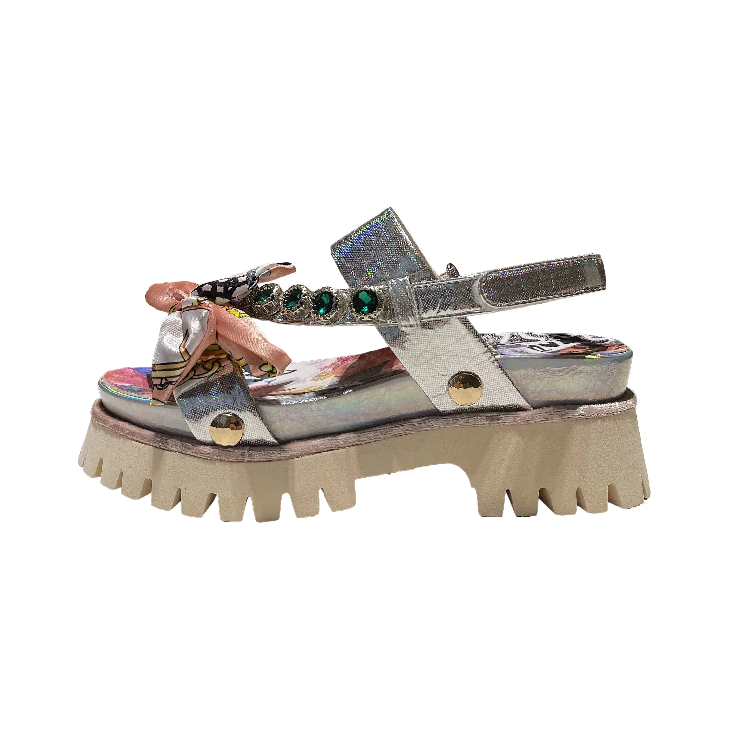 

Silver satin mid-heel platform open toe sandals women's velcro leather rhinestone Roman shoes flat bottom women's shoes