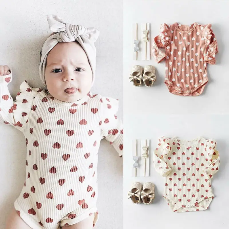 Casual 0-24M Toddler Newborn Infant Baby Girls Clothes Peach Heart Ruffle Jumpsuit Knitting Bodysuit Autumn Outfit | Мать и ребенок