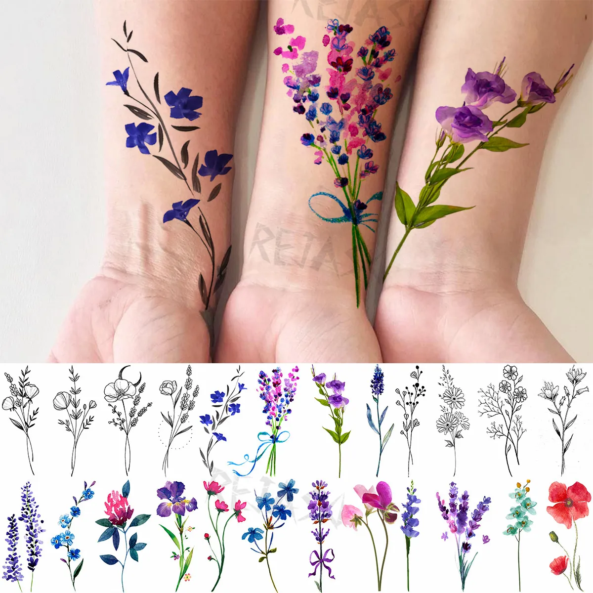 

Small Colored Lavender Hyacinth Temporary Tattoos For Women Girl Peony Daisy Fake Tattoo Body Art Painted Washable Tatoo Sticker