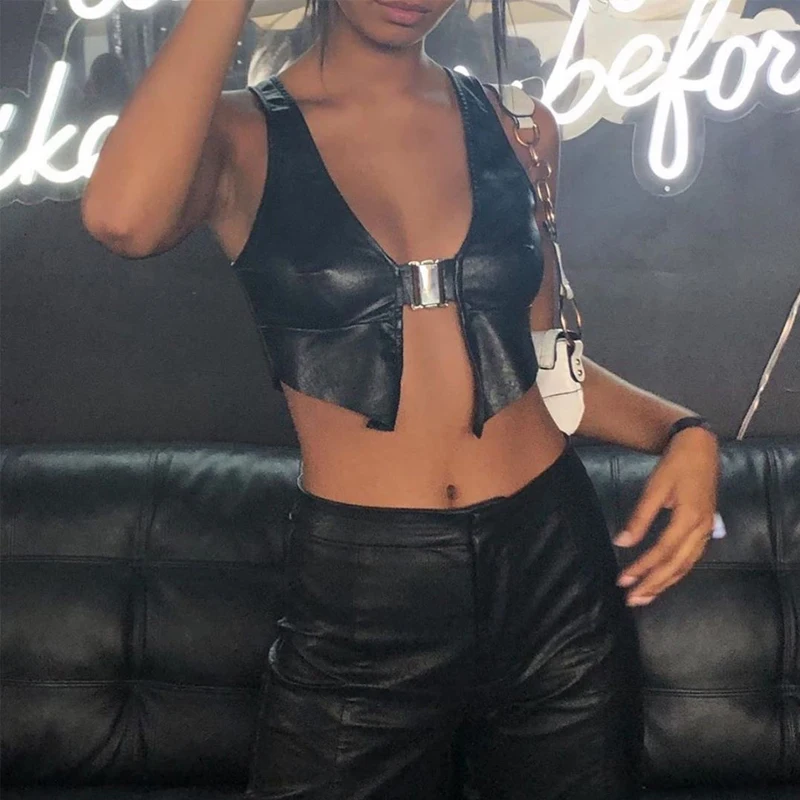 Leather slim straight cropped trousers