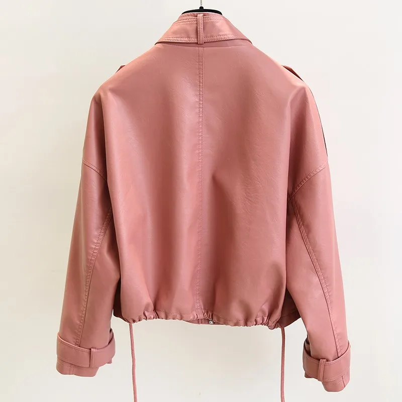 NEW2021 ERQIBA 2021 New Autumn Women Streetwear Pink Pu Faux Soft Leather Jacket Casual Female Motorcycle Biker Zipper Big