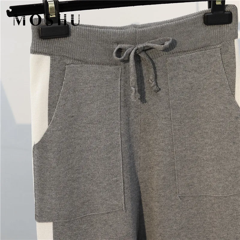 

Winter 2 Pieces Set Women Sweater Knitted Pullovers Suits O-neck Long Sleeve Tracksuits Female Stripe Knit Jumper Tops & Pants