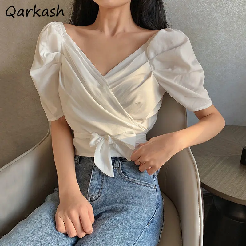 

Blouses Women Summer Design Pure Chic New Temperament Streetwear Ladies College Ulzzang Blusa Feminina V-Neck Casual All-match