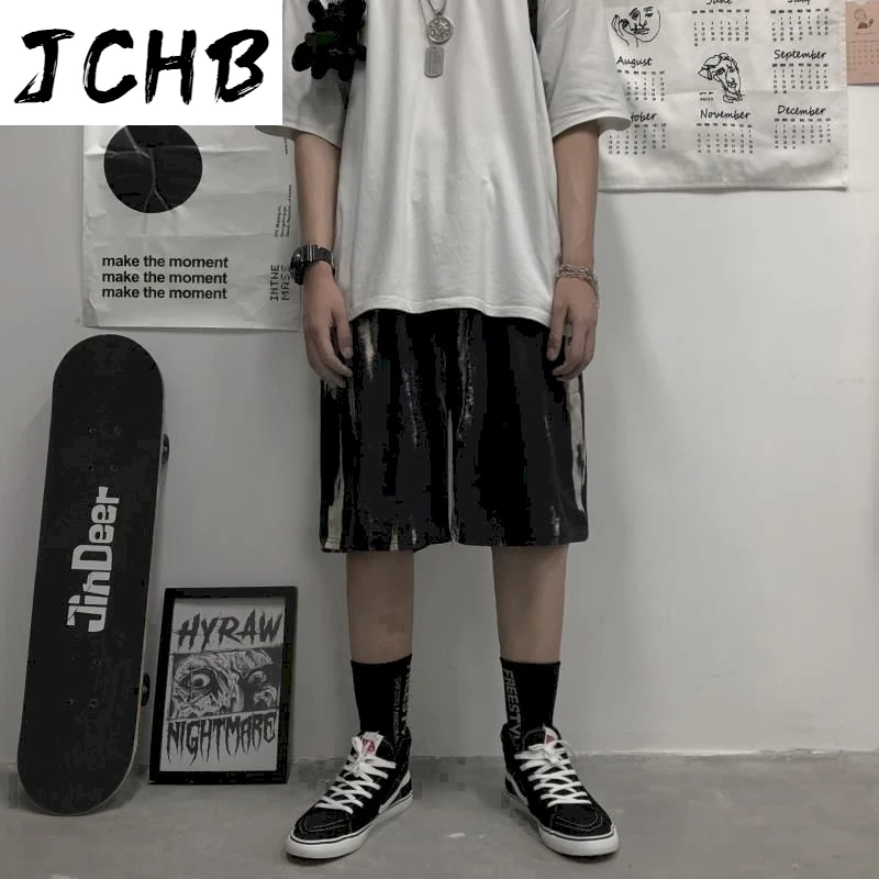 

2021 Streetwear Vintage Shorts Tie Dye Summer Men Casual Shorts Black Plus Size Clothing Print Knee Length Short High Waist Pant