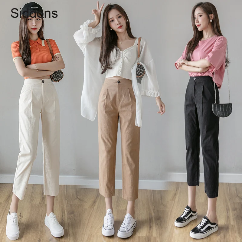 

Harem Pants Mid Waist Casual Pants Women Straight Loose Women's Korean Slim Plus Size Nine Pants Fashion Overalls Zipper Buttons