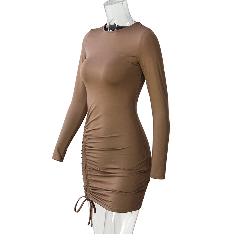 

Women's Sexy Fashion Drawstring Dress New Long-Sleeved Bag Hip Pleated Skirt 2021 Summer And Autumn Ladies Lace Tight Dress