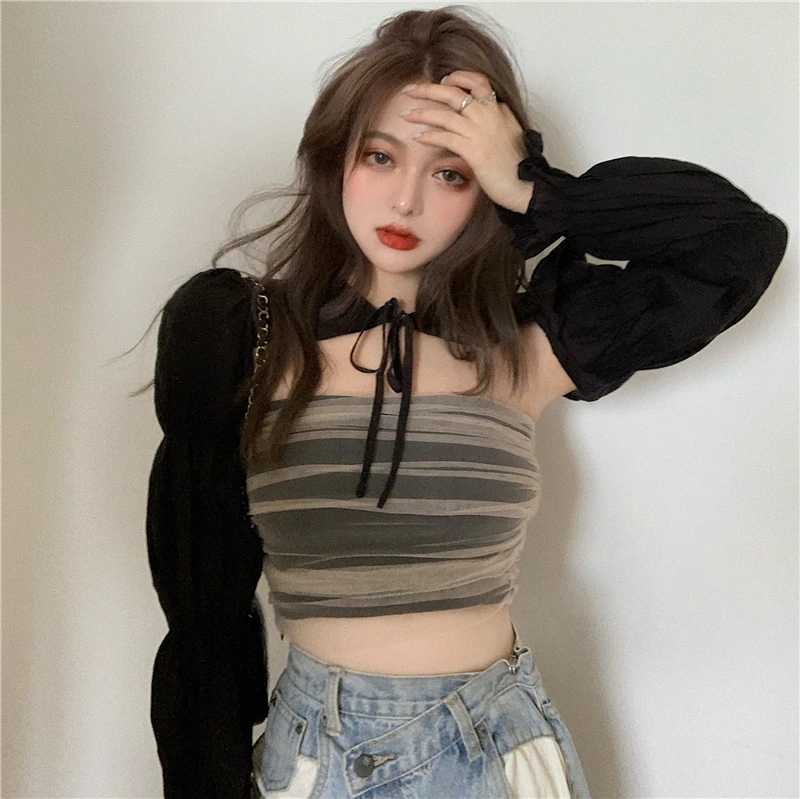 

Женская накидка на шнуровке, с длинным рукавом и сетчатым топом, 6LQR