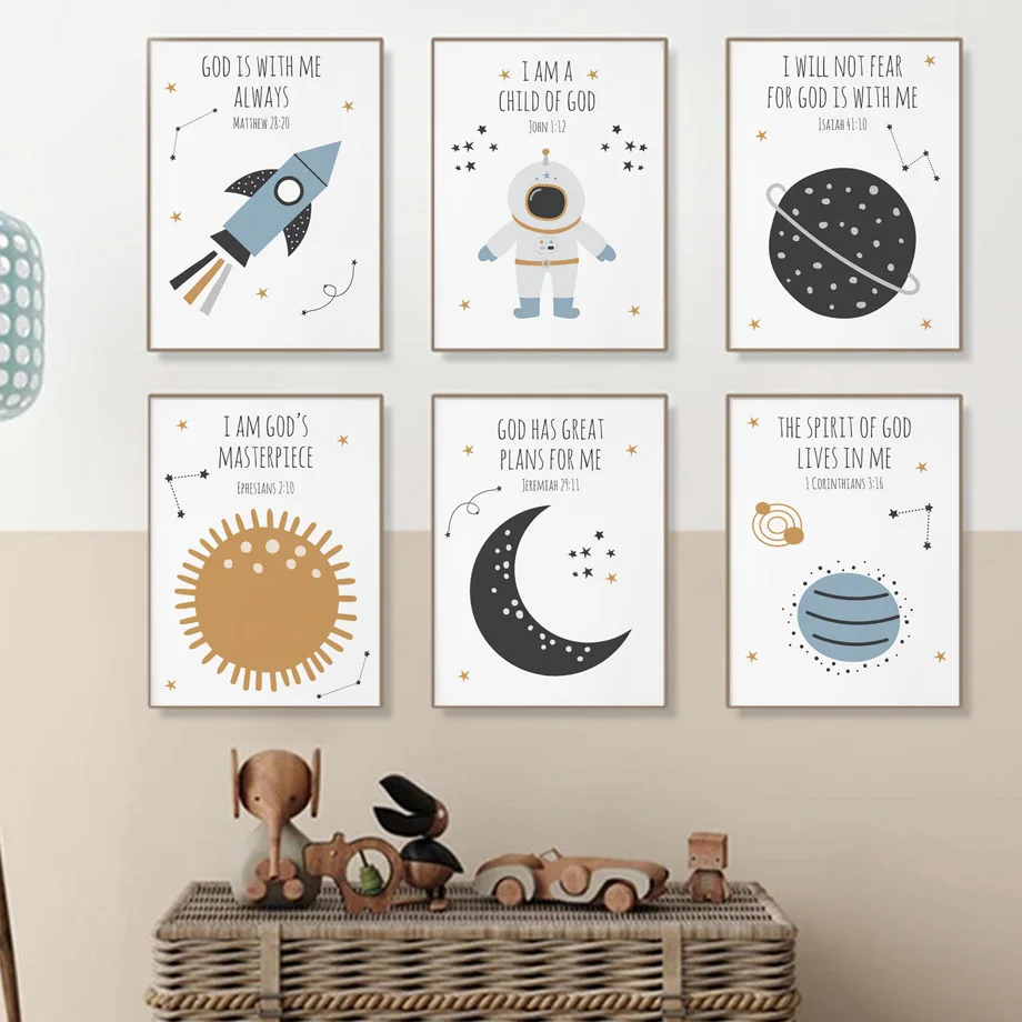 

Bible Verse Space Moon Sun Rocket Nursery Wall Art Canvas Painting Nordic Posters And Prints Wall Pictures For Kids Room Decor