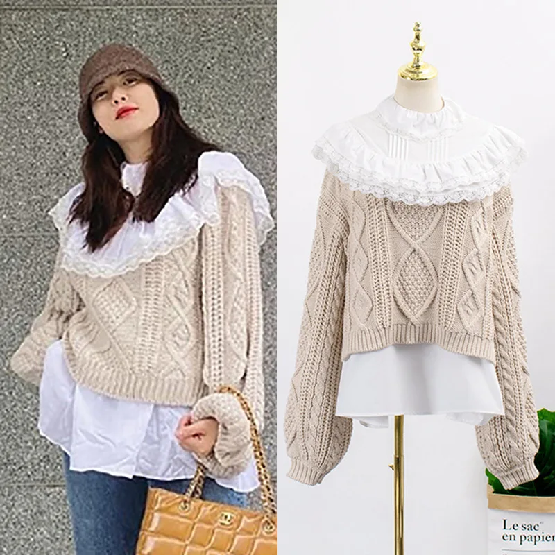 

kpop 4Minute Kim Hyun A Korean spring new sweet knitted sweater + lace doll collar splice long sleeve shirt women fake two set
